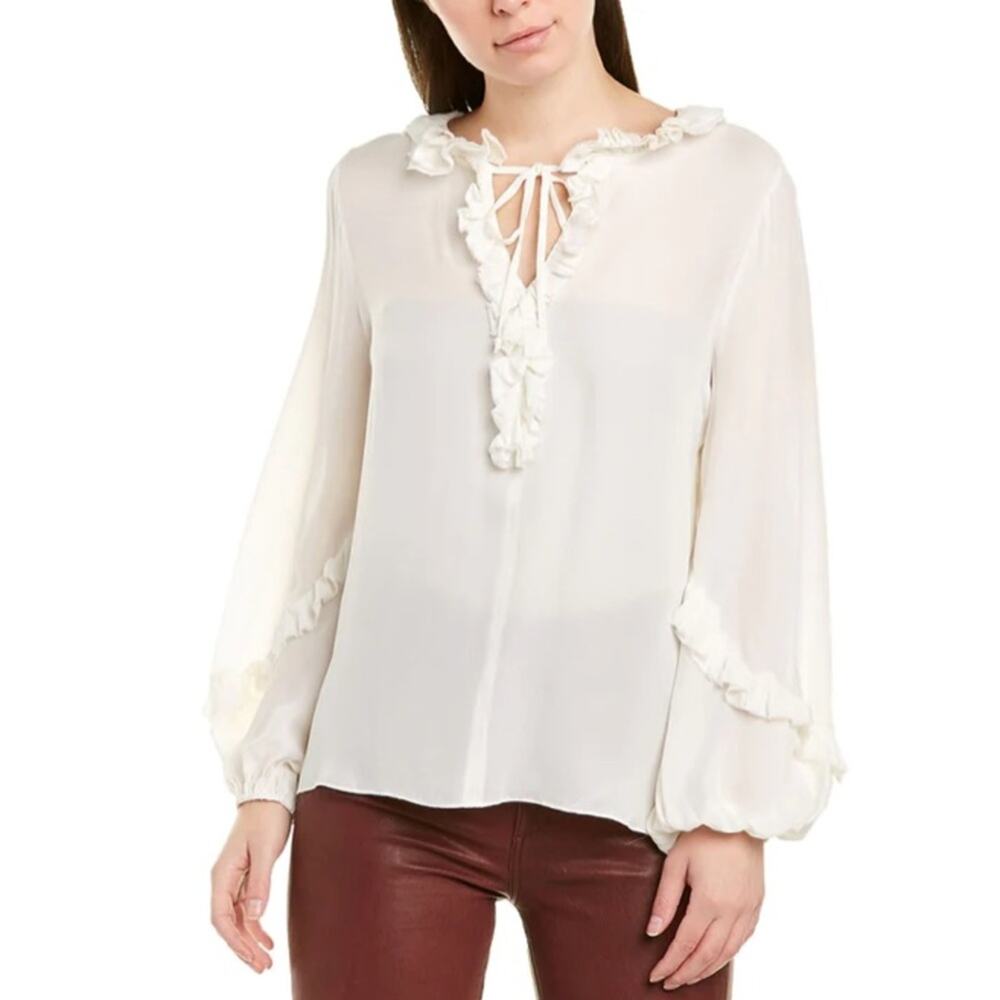 Kobi Halperin $328 silk Angie ruffle white blouse tie neck balloon sleeves Small